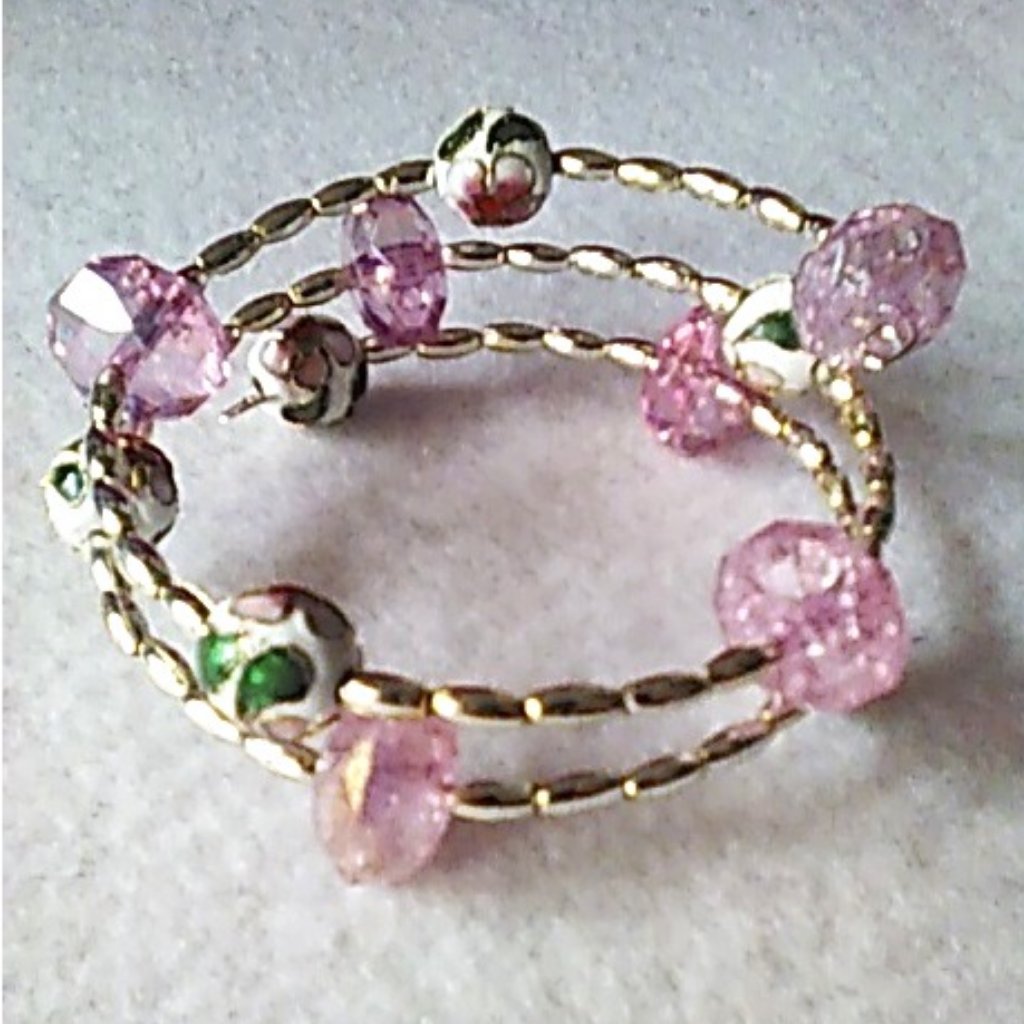 Bracelet Memory Wire Cloisonne Beads Pink Silver Handcrafted One Of A Kind